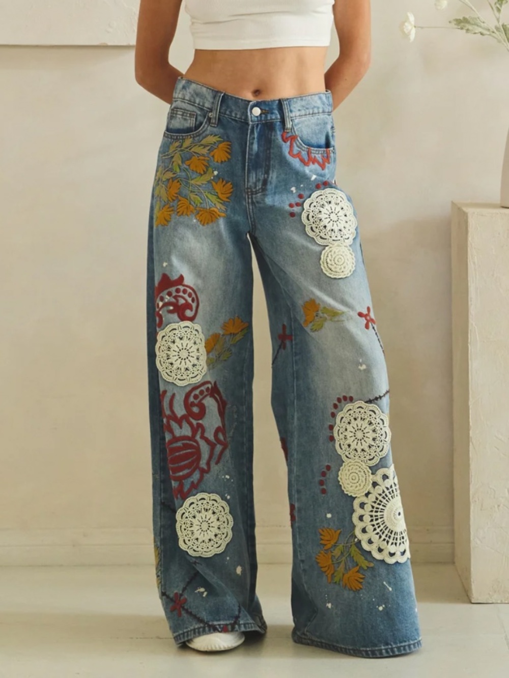 🎉 Oli and Hali “DEE” OLI & Hali WIDE LEG DENIM PANTS WITH EMBROIDERY DETAIL 34 - Picture 5 of 14